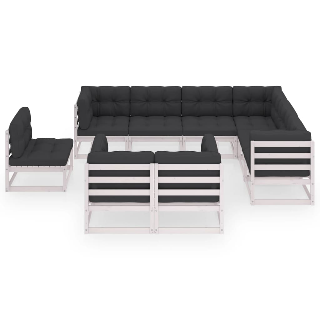 9-tlg. Garten-Lounge-Set mit Kissen Weiss Kiefer Massivholz